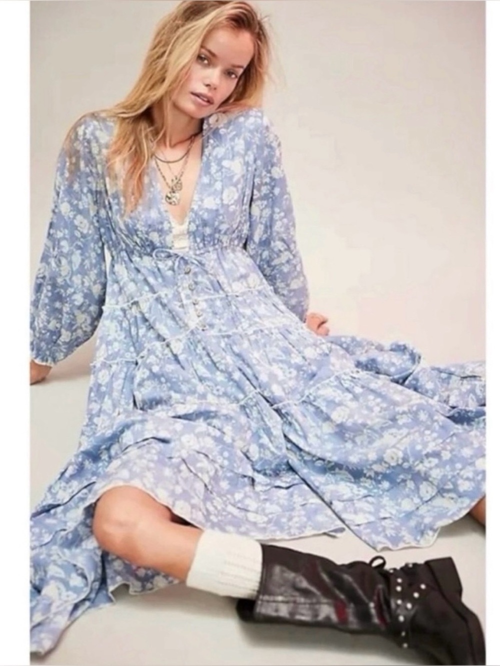 Free People Pappiet Midi Dress in Bluebell Combo Size XL - Picture 4 of 9